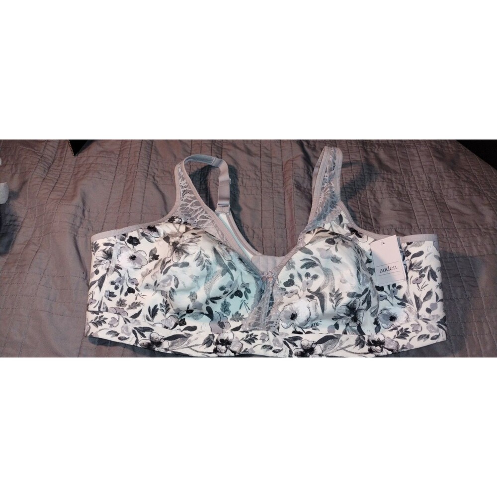 Auden Wireless Unlined Lace Crossback Bra 46D Floral White/Gray
